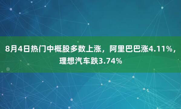 8月4日热门中概股多数上涨，阿里巴巴涨4.11%，理想汽车跌3.74%